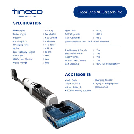 Tineco Floor One S6 Stretch Pro/ Lite Smart Lay-Flat Washer Wet Dry Vacuum Cleaner