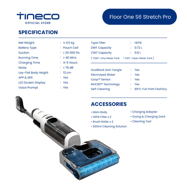 Tineco Floor One S6 Stretch Pro/ Lite Smart Lay-Flat Washer Wet Dry Vacuum Cleaner